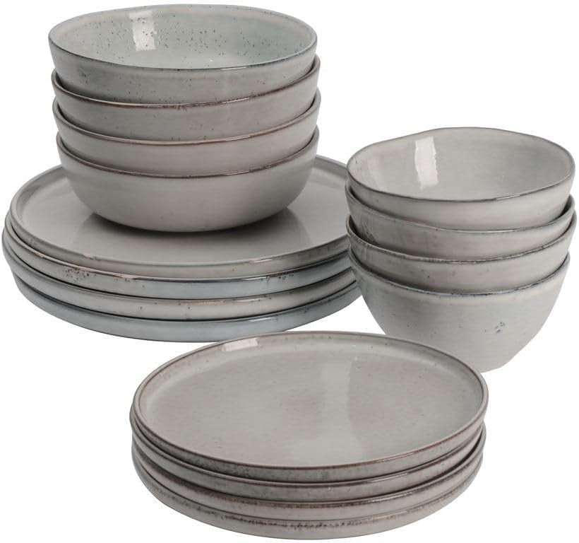 16pc Stoneware Dinner Set Grey Reactive Glaze Plates Bowls Microwave Safe