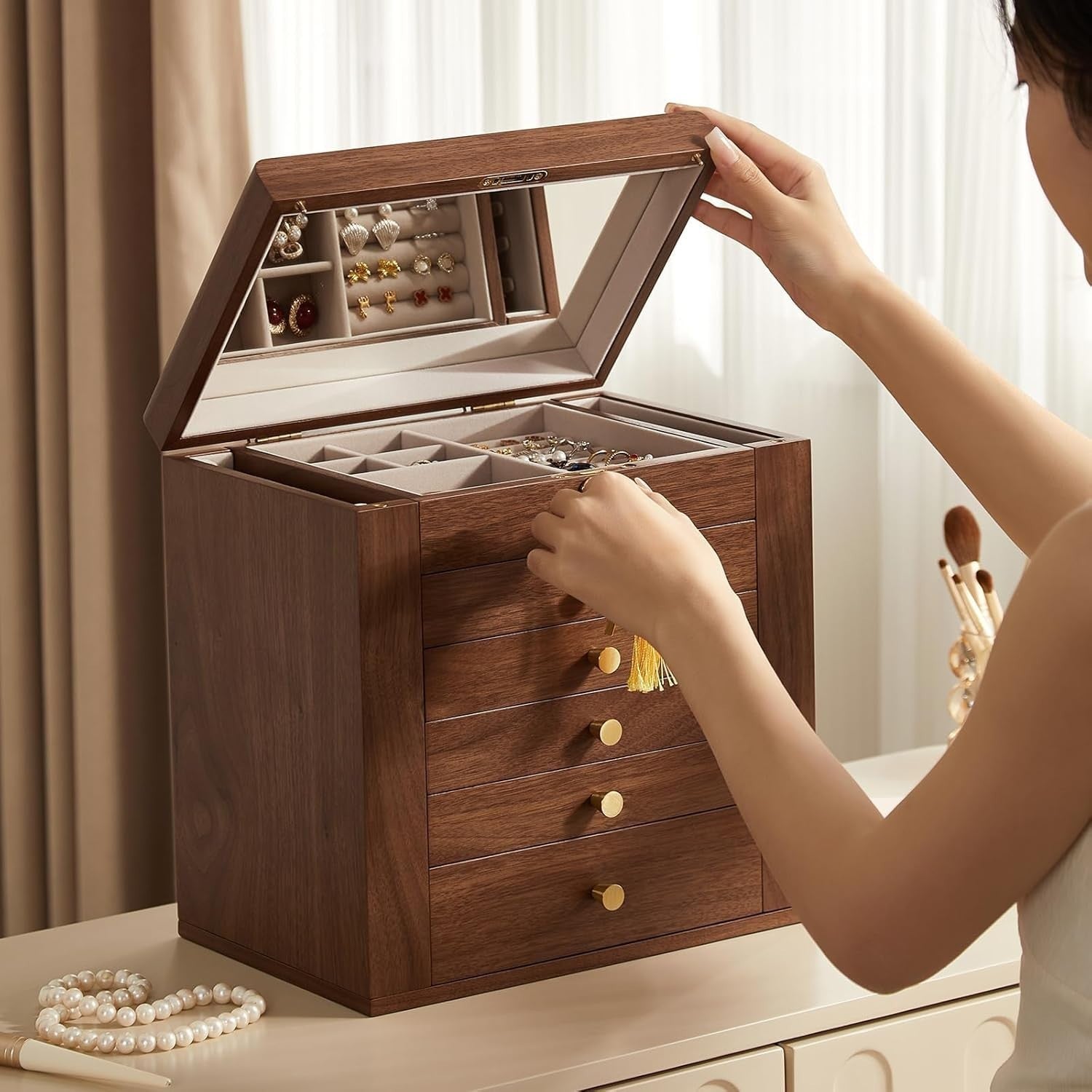 Walnut Wooden Jewelry Organizer Box Lockable Mirror 6 Layer Storage