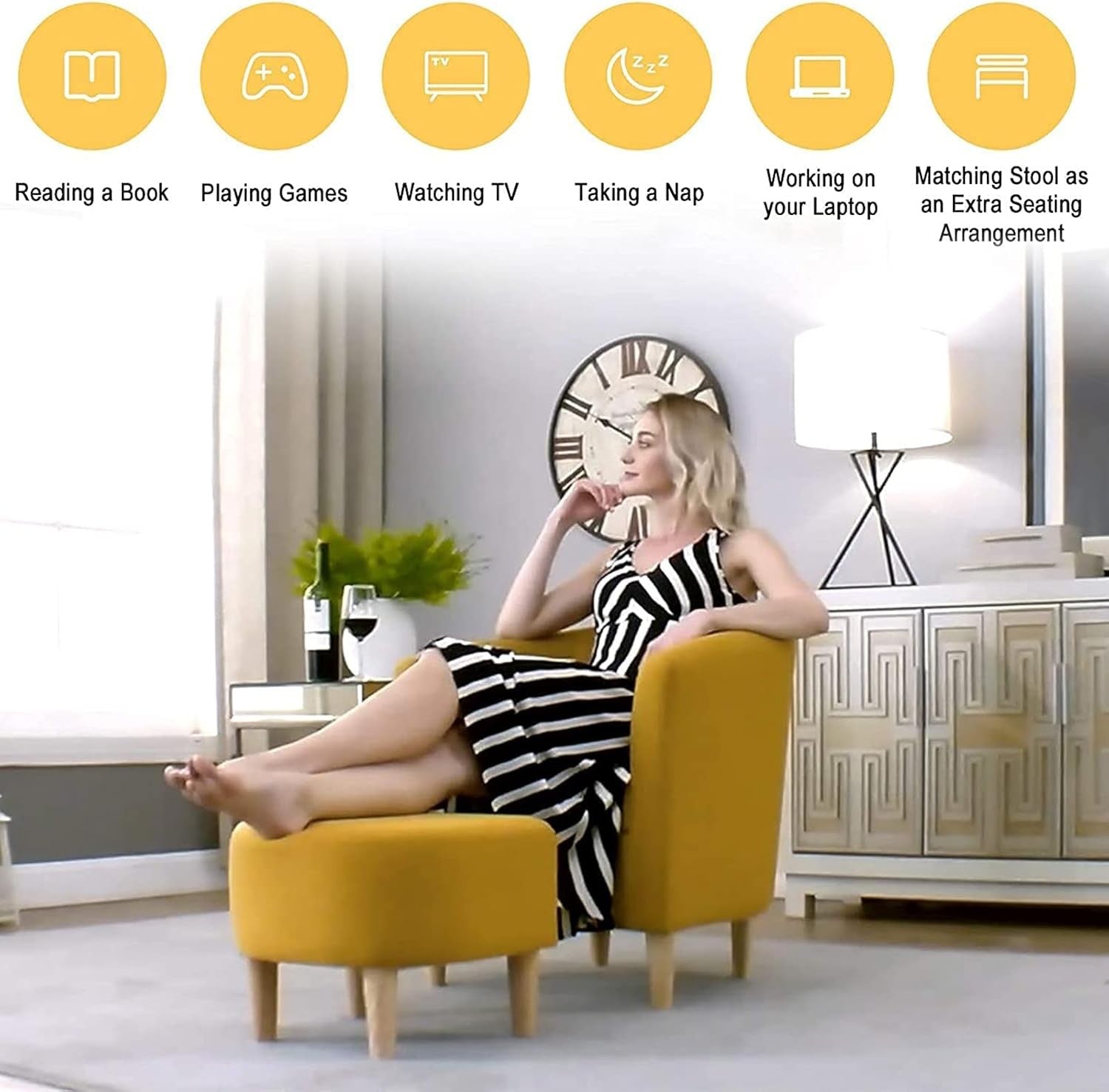 Accent Armchair & Ottoman Set Yellow Fabric Tub Chair