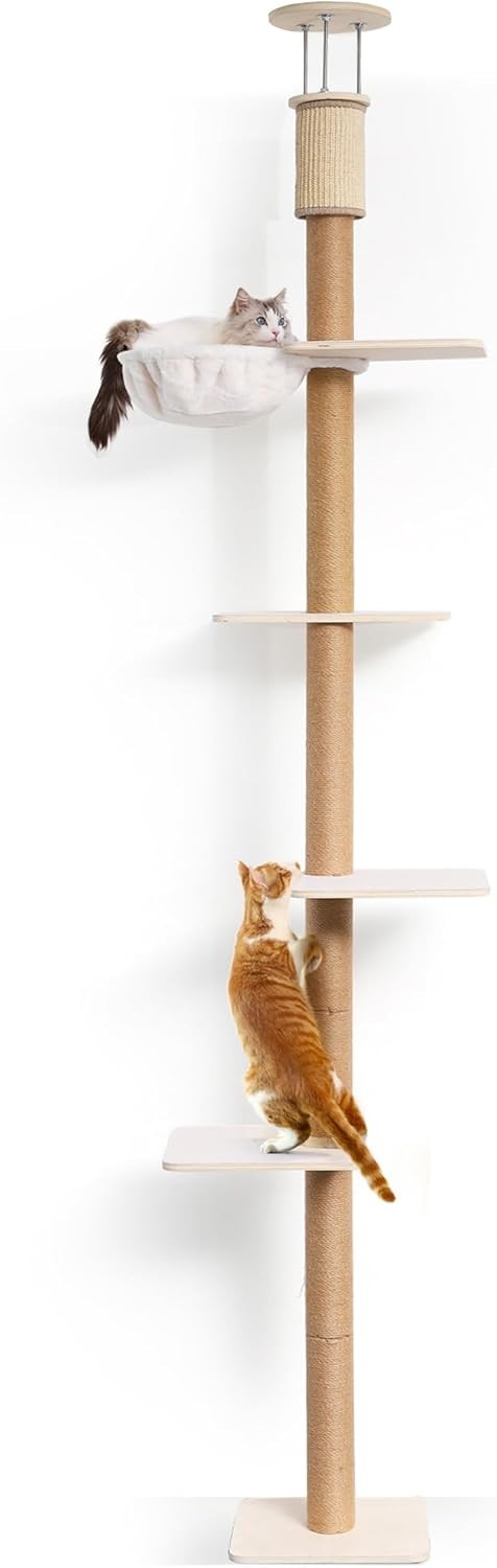 Natural Wood Floor to Ceiling Cat Tree Adjustable Height Scratching Tower
