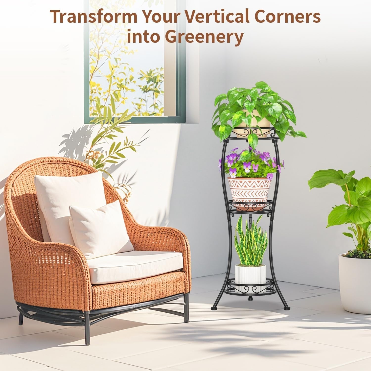 3 Tier Iron Plant Stand Black Flower Pot Display Tower for Patio Balcony