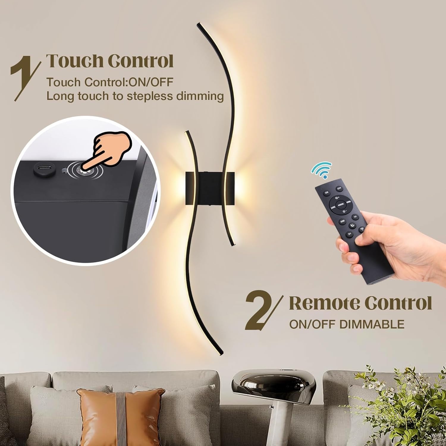 Wireless Battery Operated Wall Lights 2-Pack with Remote, Dimmable, 3000K-6000K
