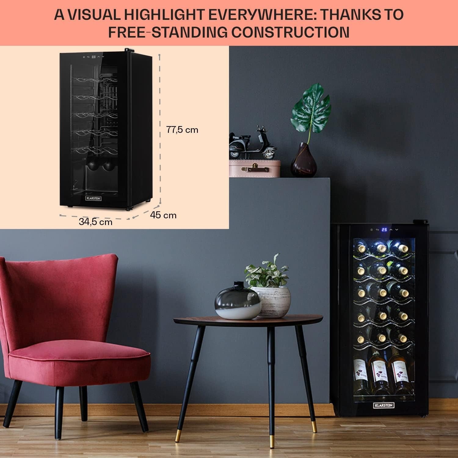 Wine Cooler Fridge 18 Bottle Glass Door Single Zone Slim Freestanding Black