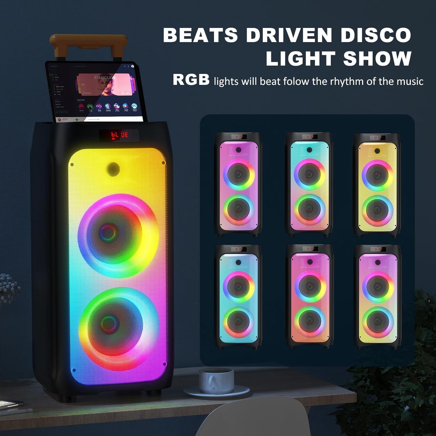 8" Subwoofer Karaoke Speaker with 2 Wireless Mics DJ Lights Trolley