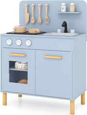 Wooden Kids Play Kitchen Blue Lights Sounds Oven Chef Toy Set
