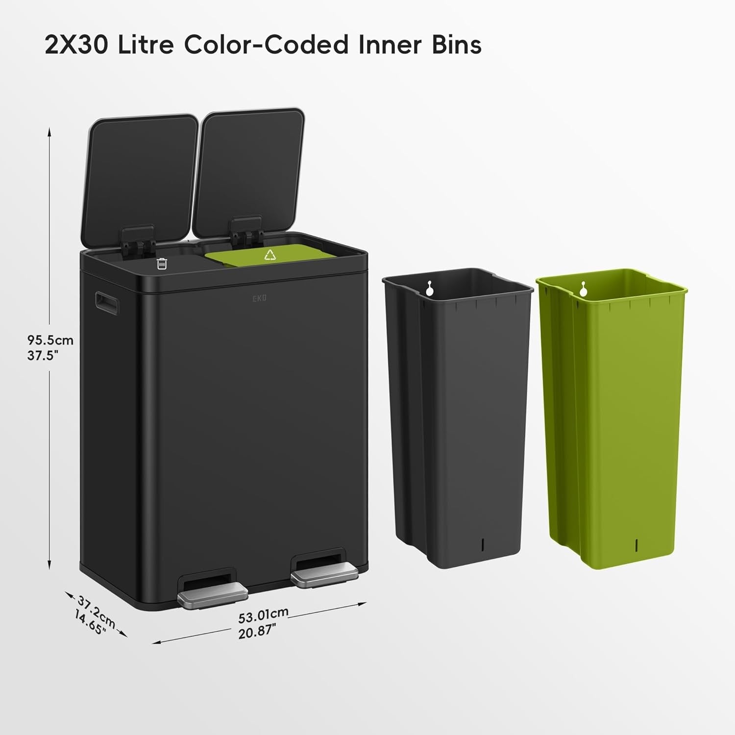 60L Dual Recycling Kitchen Bin 30L+30L Matt Black Soft Close