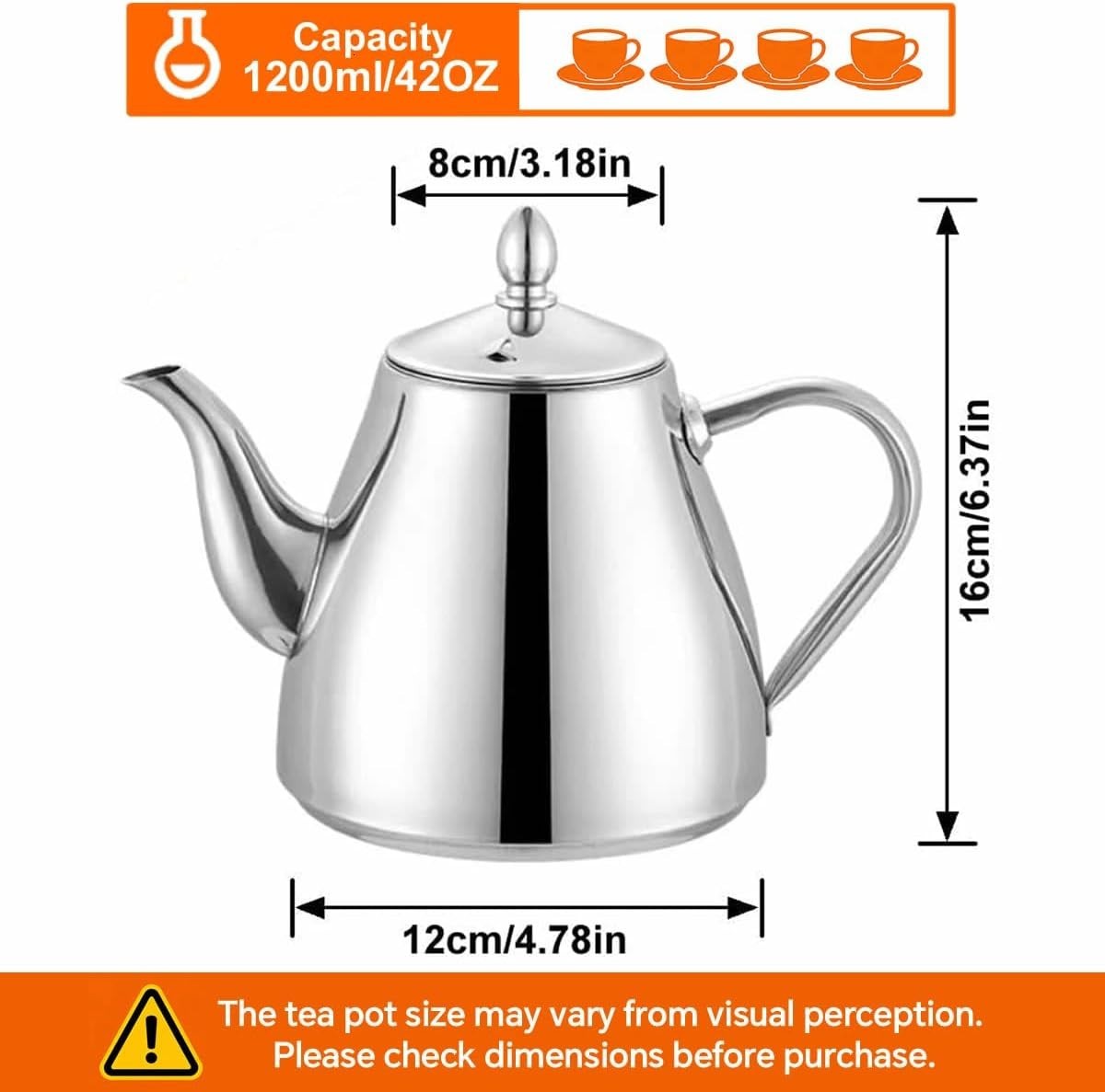 Stainless Steel Teapot 1.2L Tea Coffee Server Easy Pour Drip Free Pot