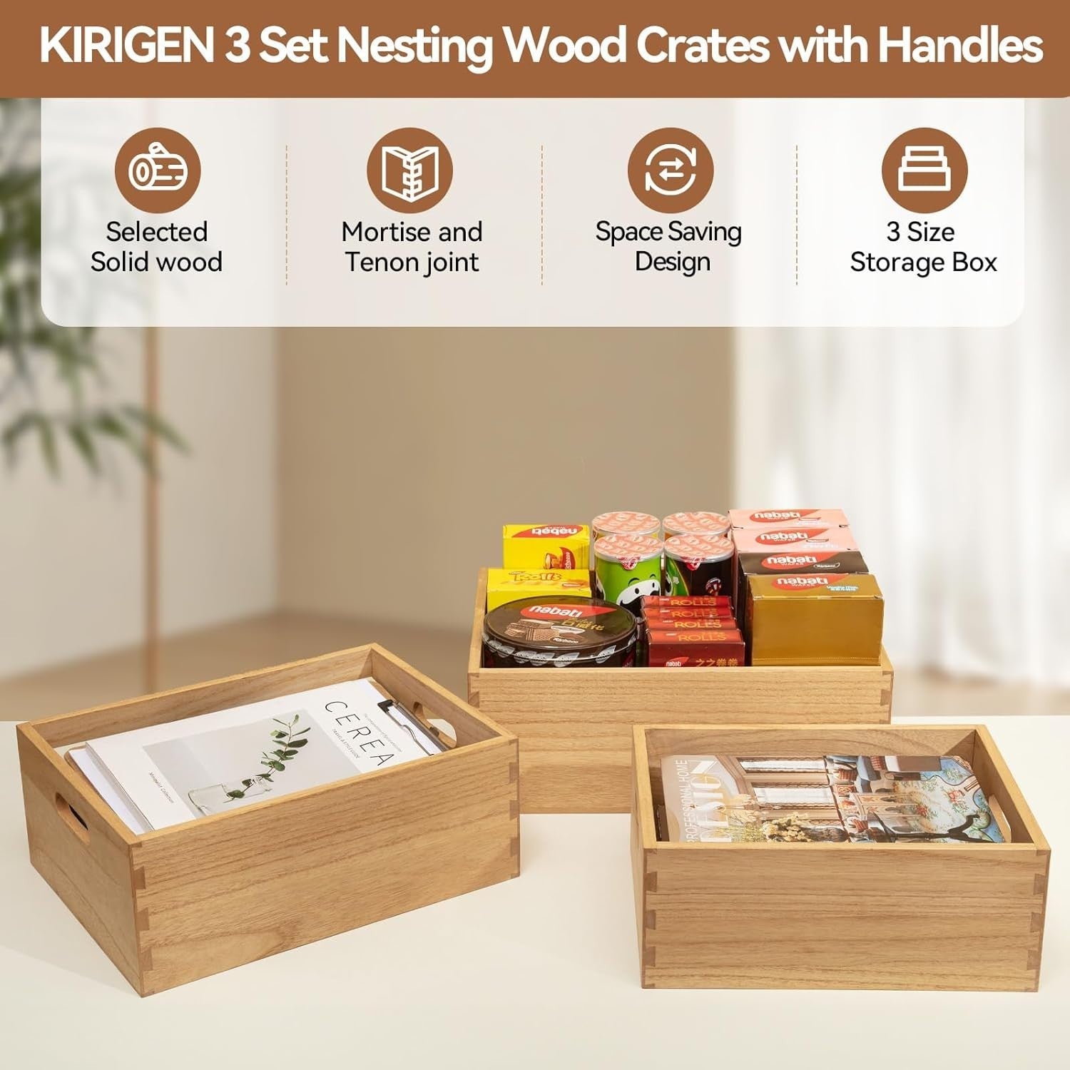 Set of 3 Nesting Wooden Crates with Handles 42.3x32x18.5cm Natural Organizer