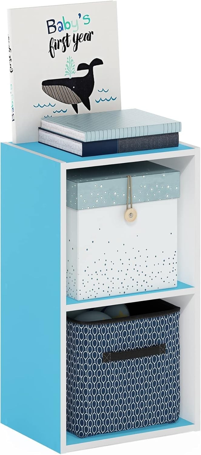 2 Tier Blue Wooden Bookcase Small Storage Shelf Compact Organizer Open Bookshelf
