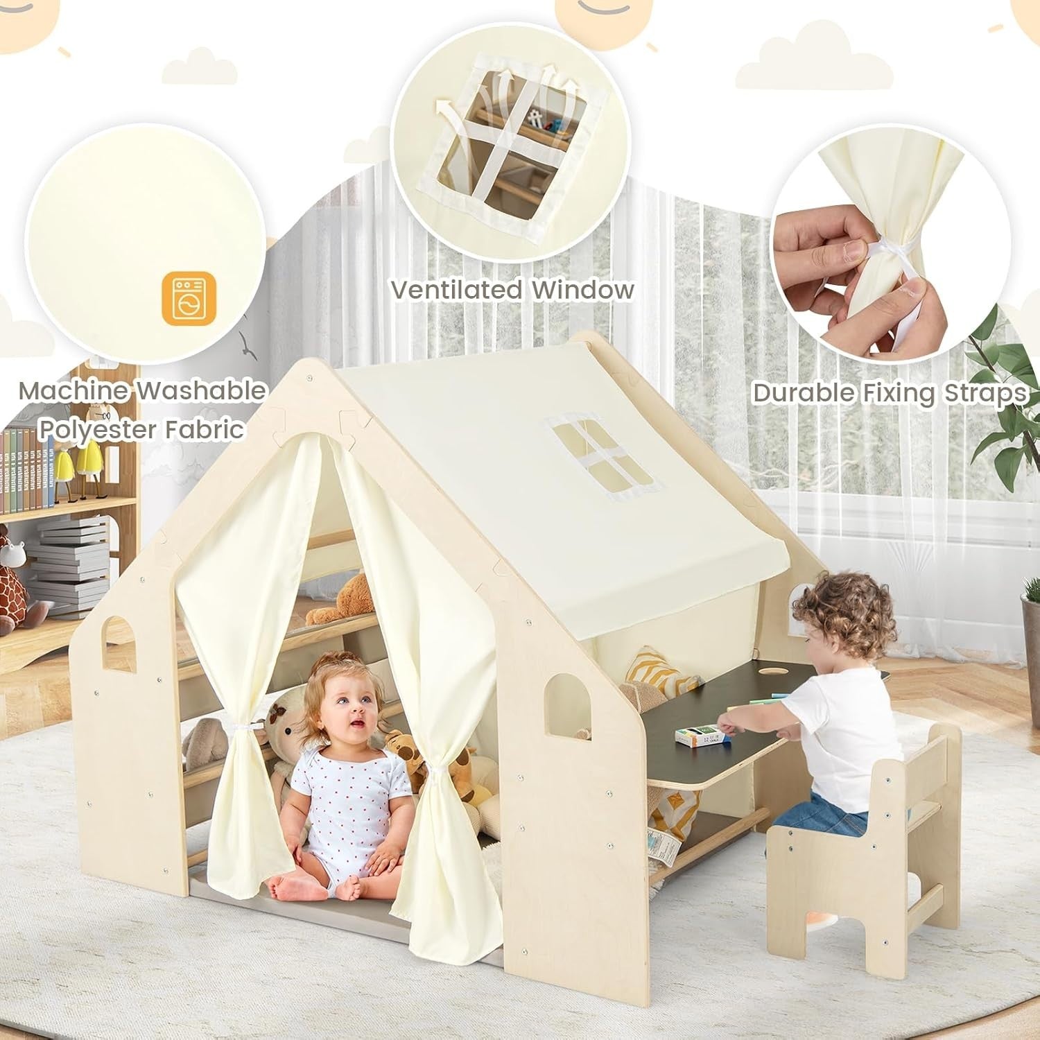Kids Wooden Playhouse Tent with Table Chair Set, Blackboard & Storage Bin