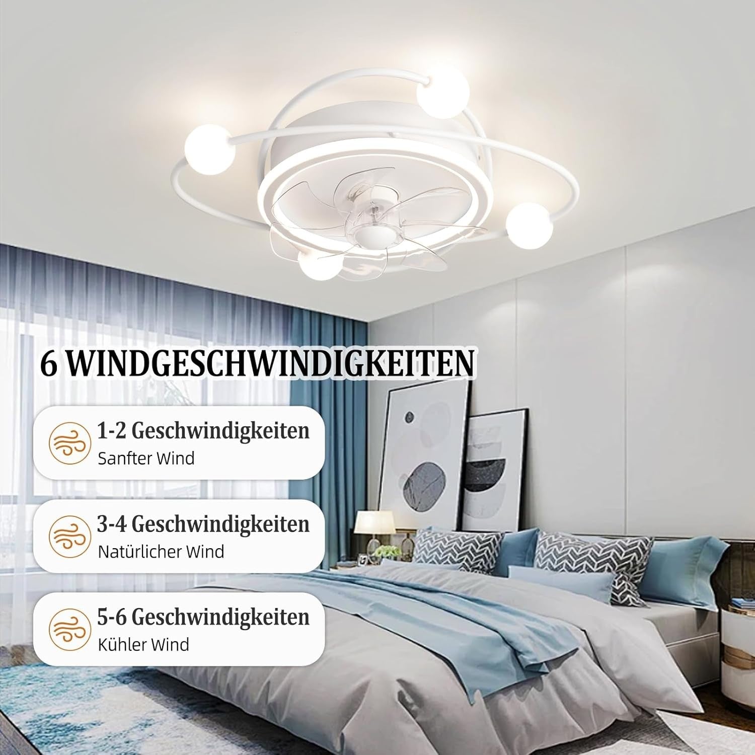 Modern 58CM Ceiling Fan with LED Light, 6-Speed, DC Motor, Remote & App