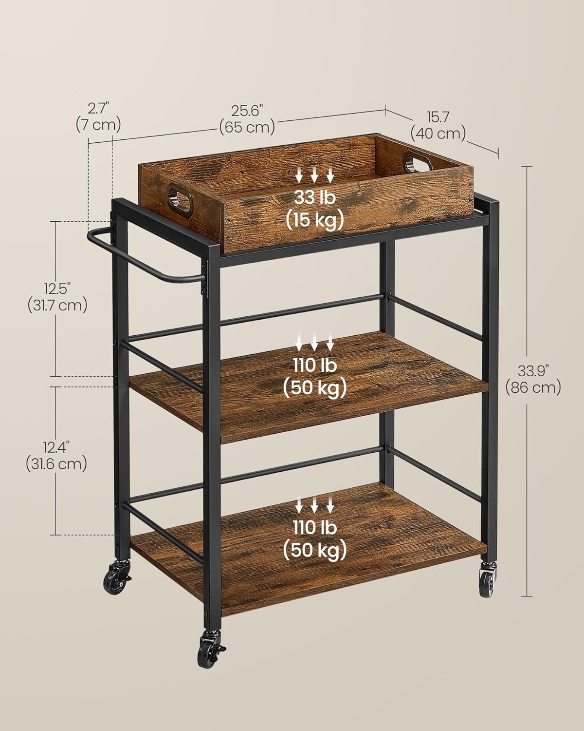 Kitchen Serving Cart on Wheels 3 Tier Utility Trolley with Removable Tray