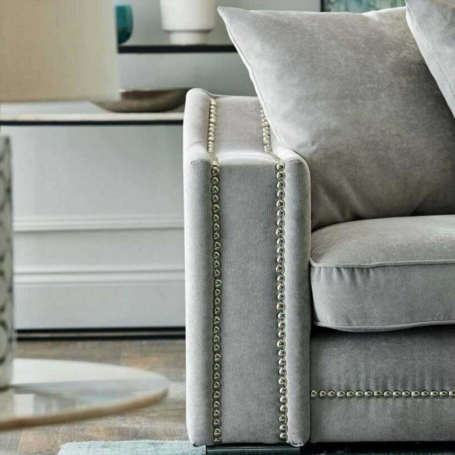 Light Grey Corner Sofa 3-4 Seater Right Hand ✨ Studded Arms, L Shape Comfort