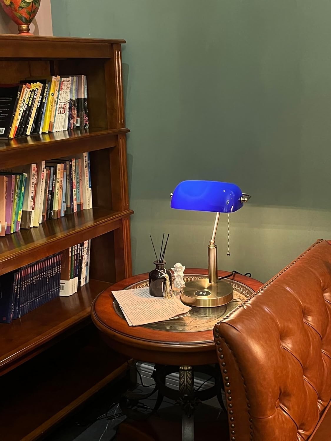 Blue Glass Desk Lamp with Wireless Charger & USB Port, Retro Style