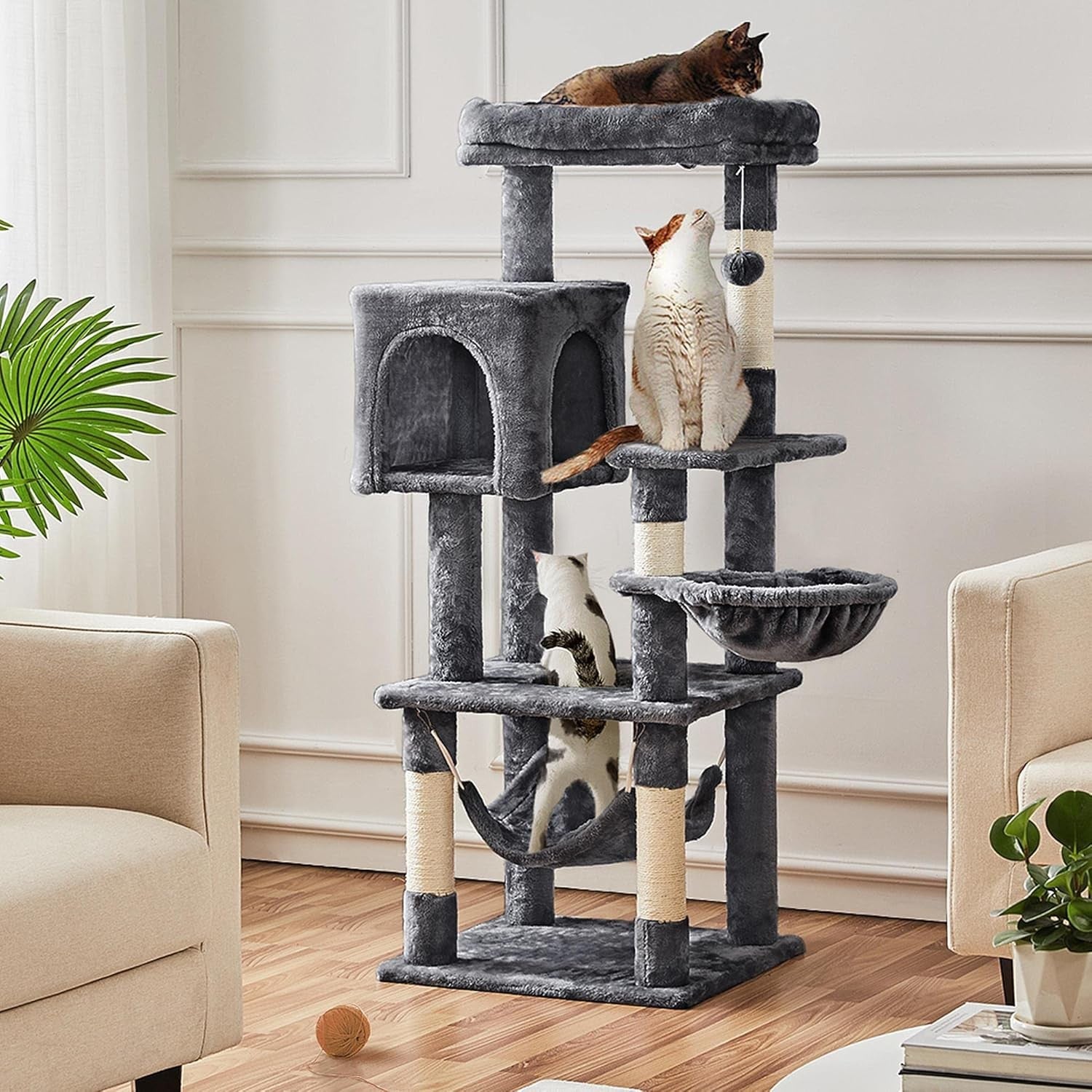 Cat Tree Tower 130cm Multi Level Scratching Post Condo Hammock Dark Grey