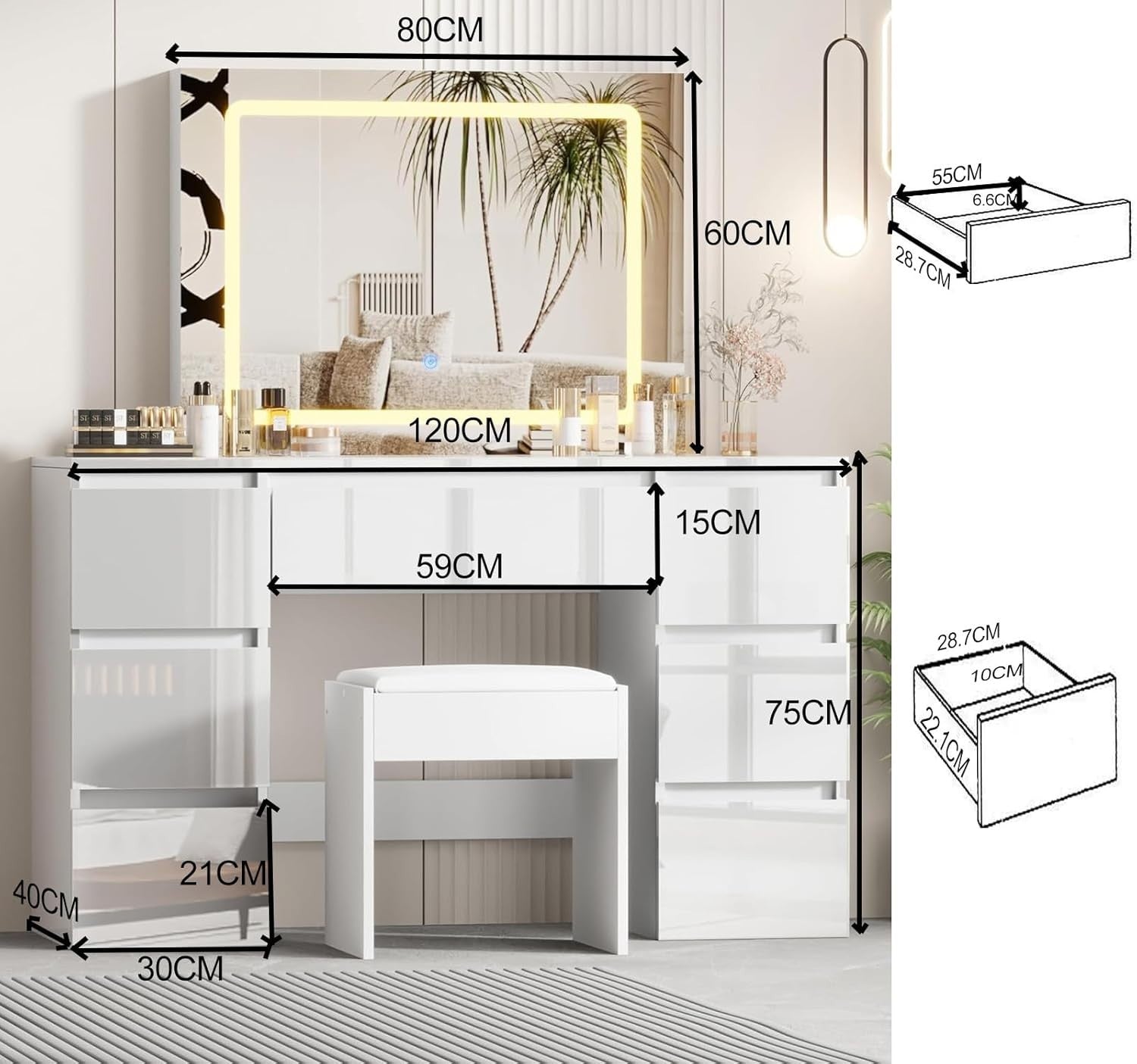 Modern White Gloss Dressing Table Vanity Desk LED Mirror Set 7 Drawers Stool