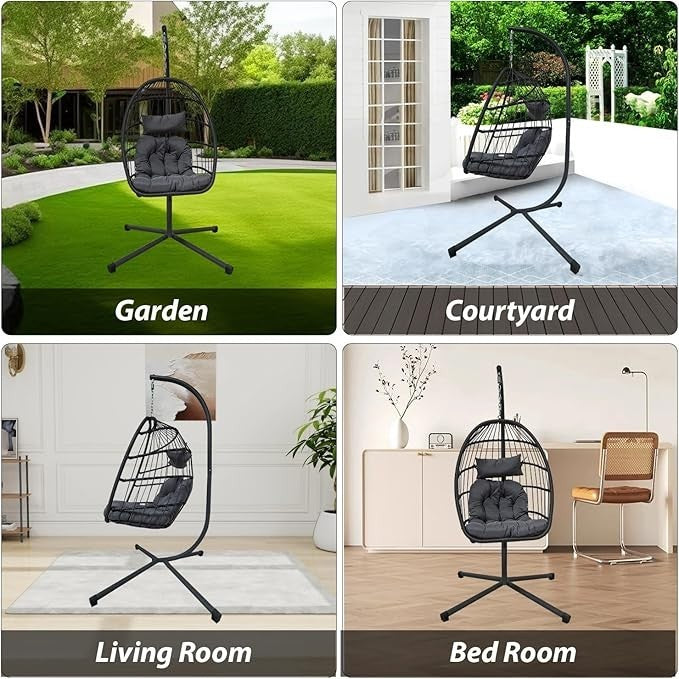 Rattan Egg Swing Chair Indoor Outdoor w/ Cushion, Cover & 350lb Frame
