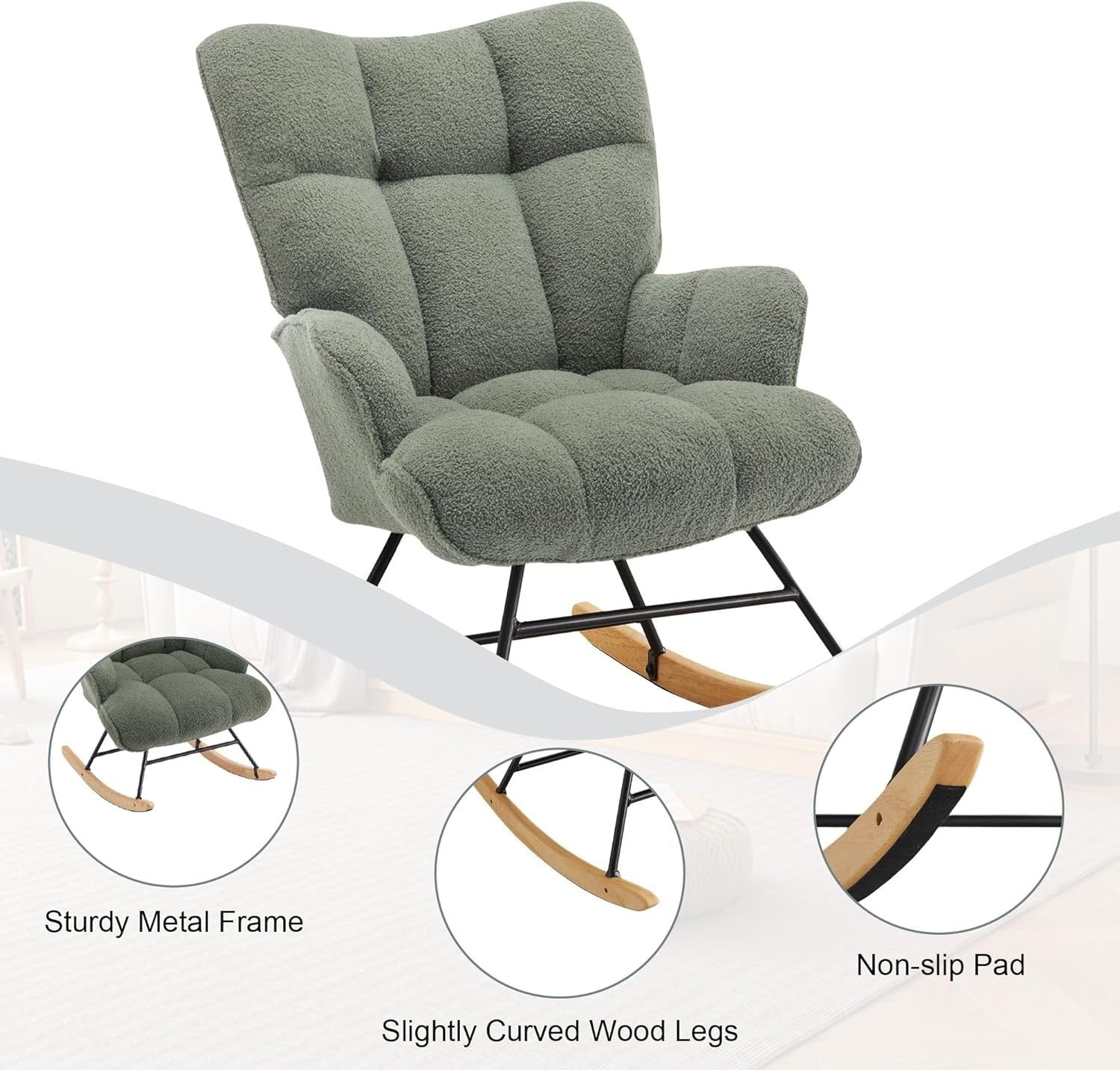 Rocking Chair Nursery Glider Comfy Armchair High Back Padded Seat Green