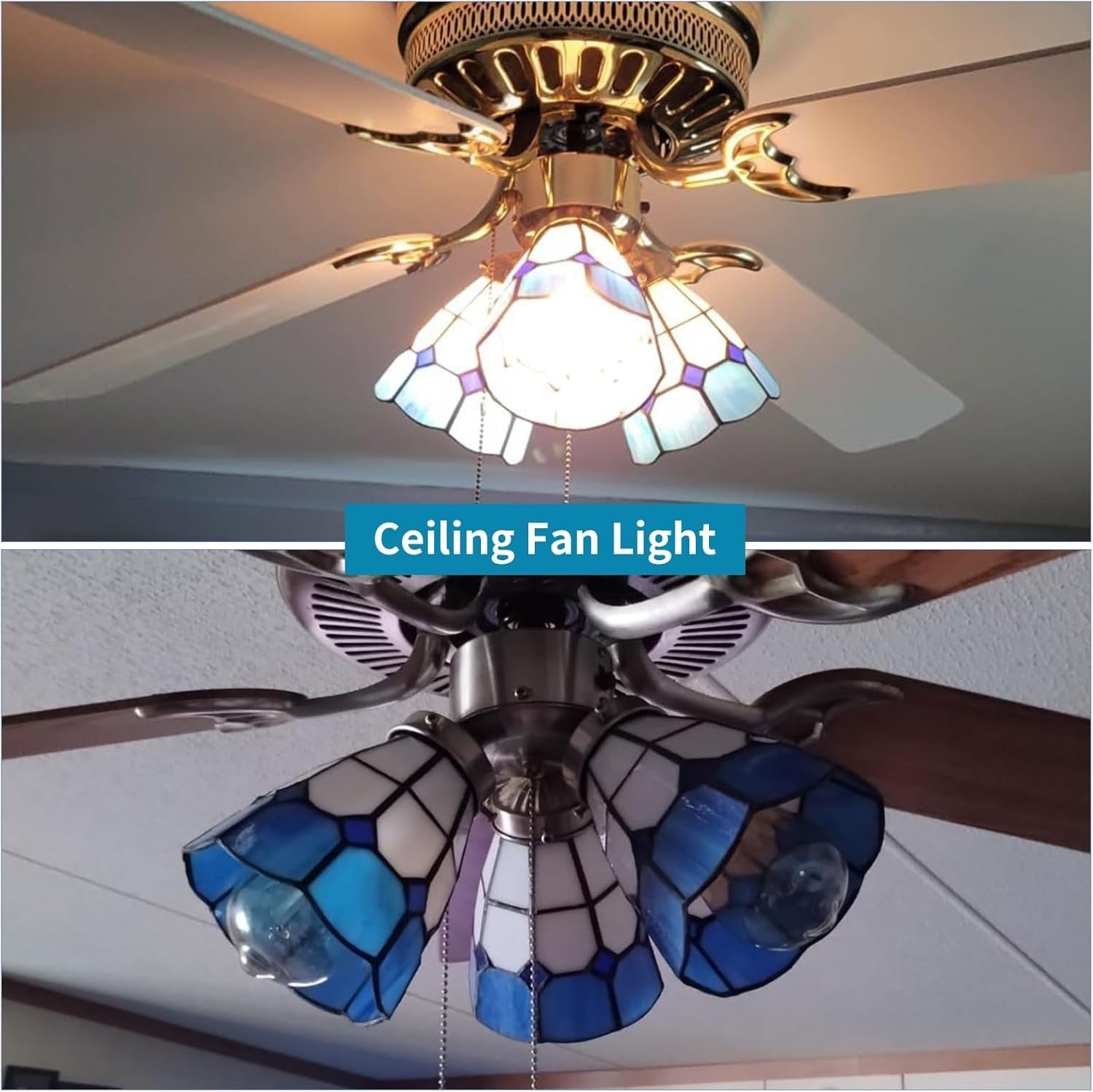 Set of 2 Blue Stained Glass Lamp Shades 42mm Fitter Ceiling Fan Cover
