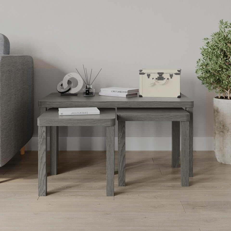 Space-Saving Set of 3 Nesting Coffee Tables Modern Grey Wood Living Room Furnitu