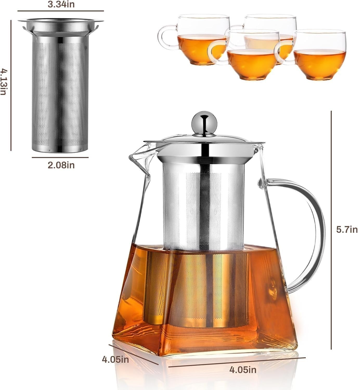950ml Glass Teapot with Infuser & 4 Cups Loose Leaf Tea Set Clear