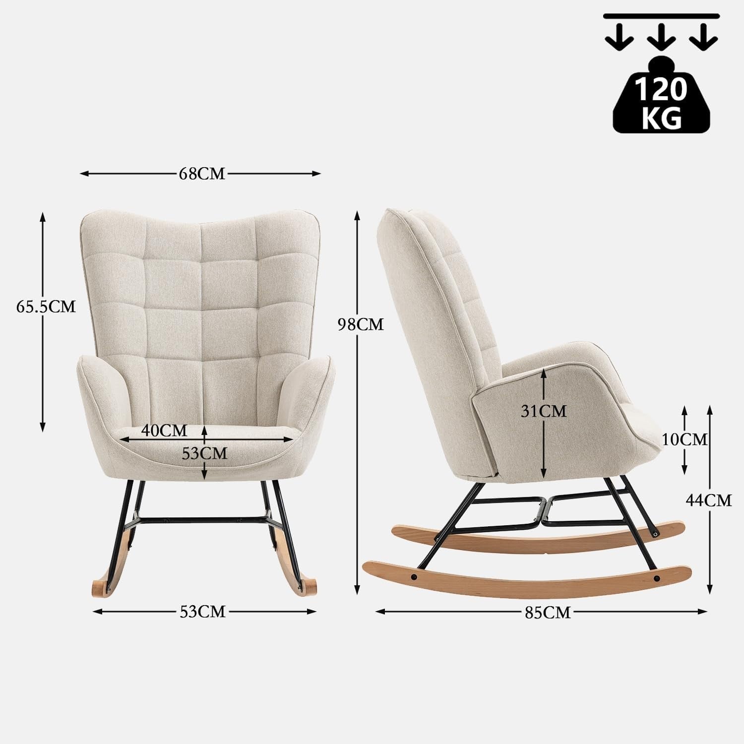 Beige Rocking Chair for Nursery w/ High Back, Comfy Fabric & Metal Legs