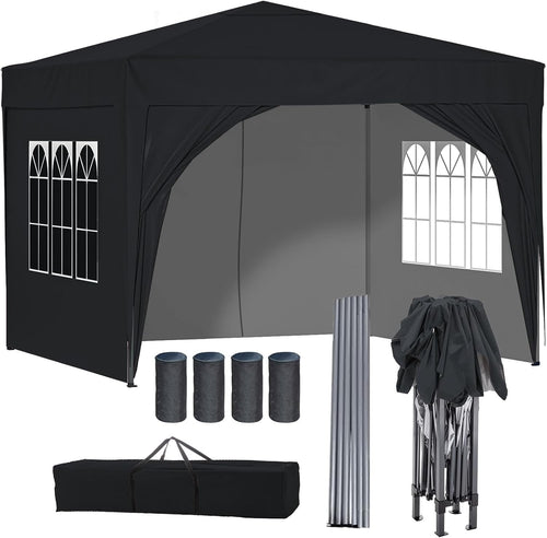 3x3M Waterproof Pop Up Gazebo With Sides Outdoor Garden Party Tent Black