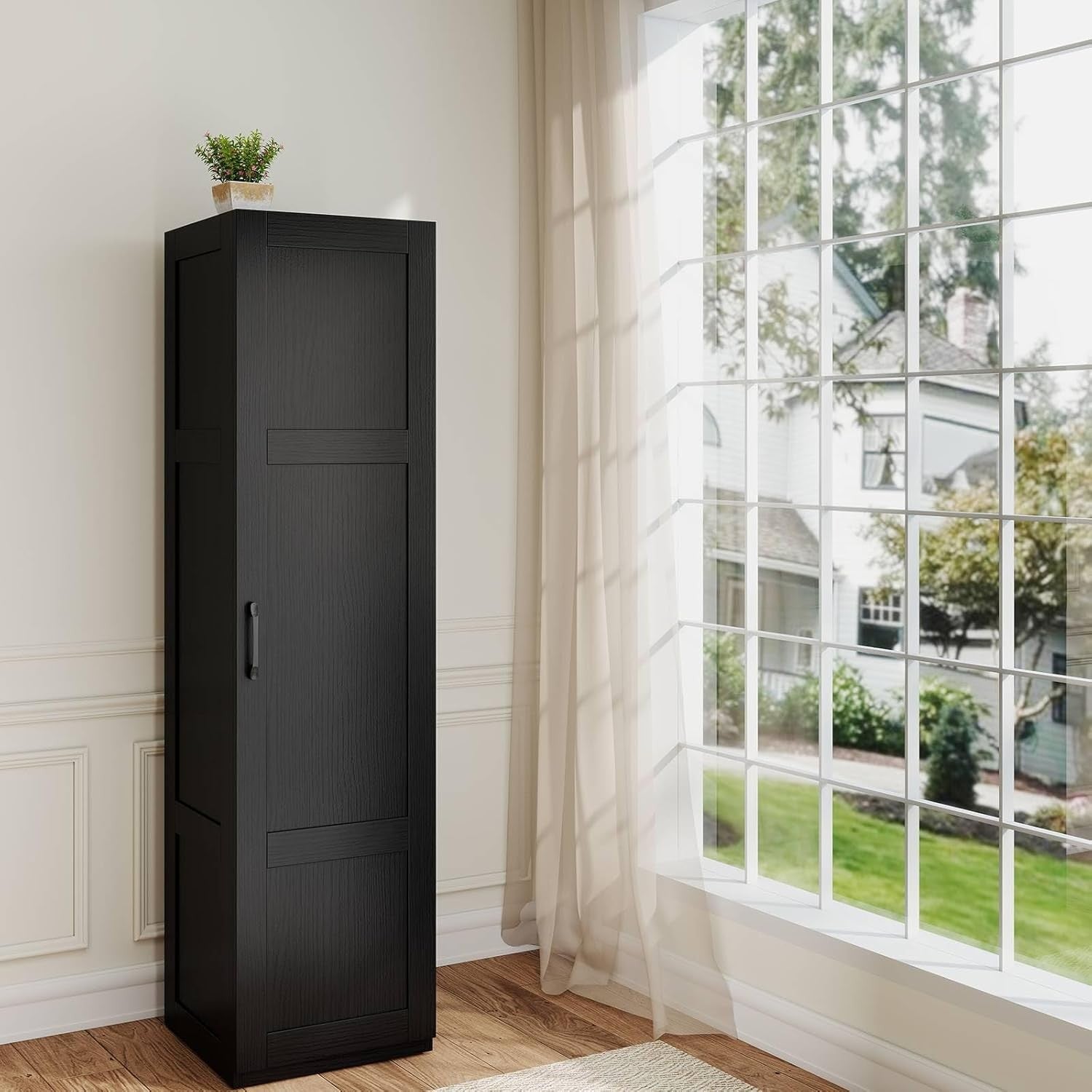 Tall Black Kitchen Cupboard 4 Tier Wooden Storage Cabinet Organizer Unit