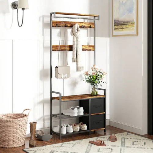 Rustic Coat Rack Bench with Hooks & Drawers – Hallway Storage Stand