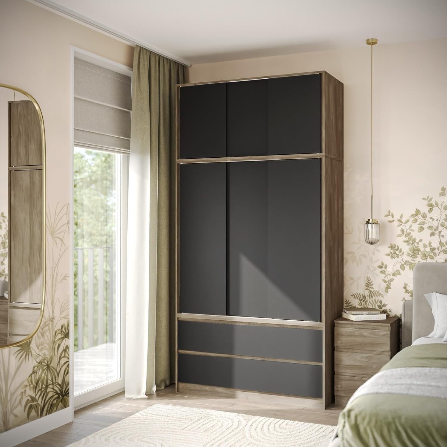 Modern 240cm Sliding Wardrobe Closet 6 Doors 4 Drawers Black Oak