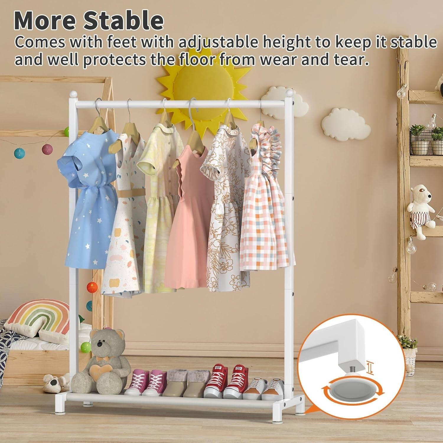 White Kids Clothing Rack with Shelf & Adjustable Feet 117cm