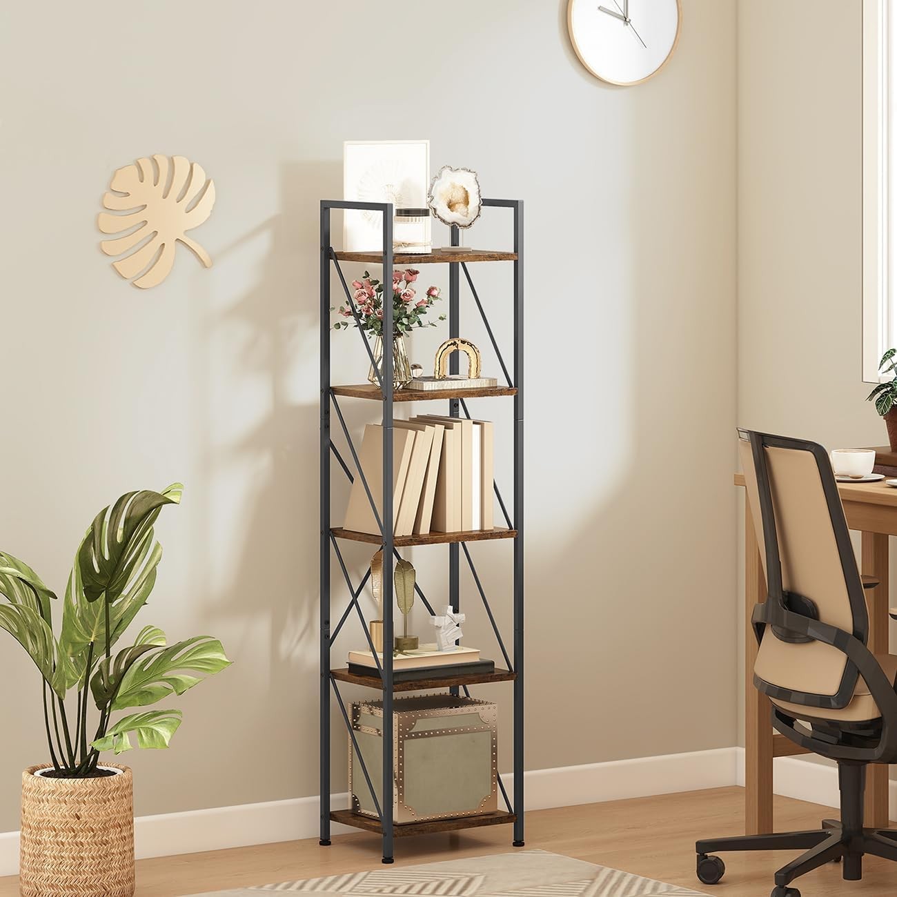 5-Tier Industrial Bookshelf | Metal Frame Rustic Wood Shelves Tall Display Unit