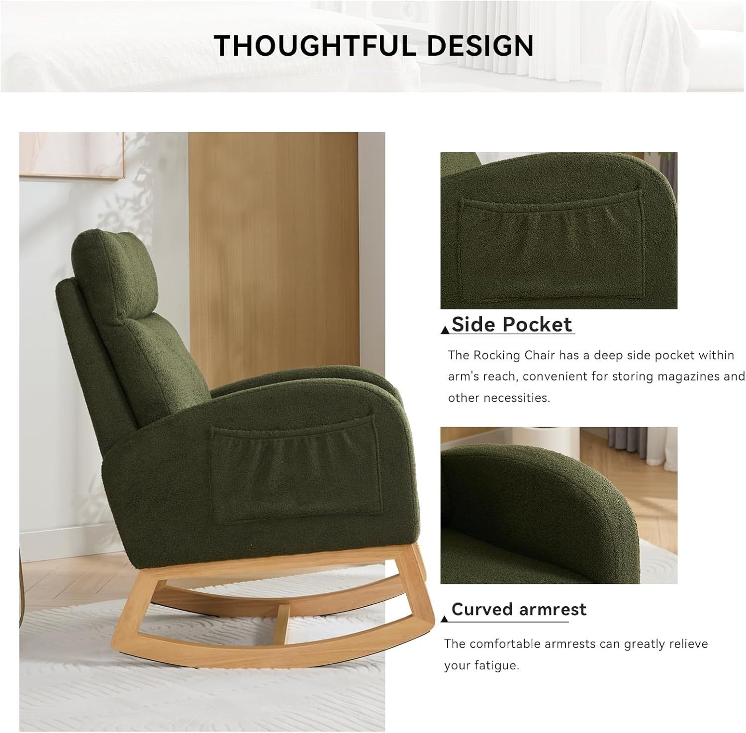 Nursery Rocking Chair with Side Pocket, Boucle Glider, Comfy & Stylish