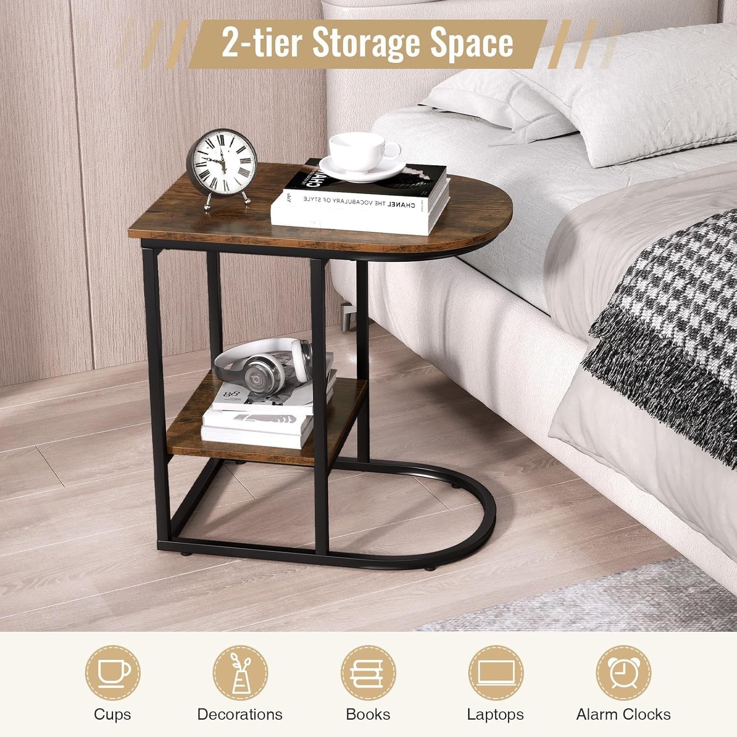 Rustic Brown C-Shaped Side Table with Shelf – Industrial Sofa Laptop Stand