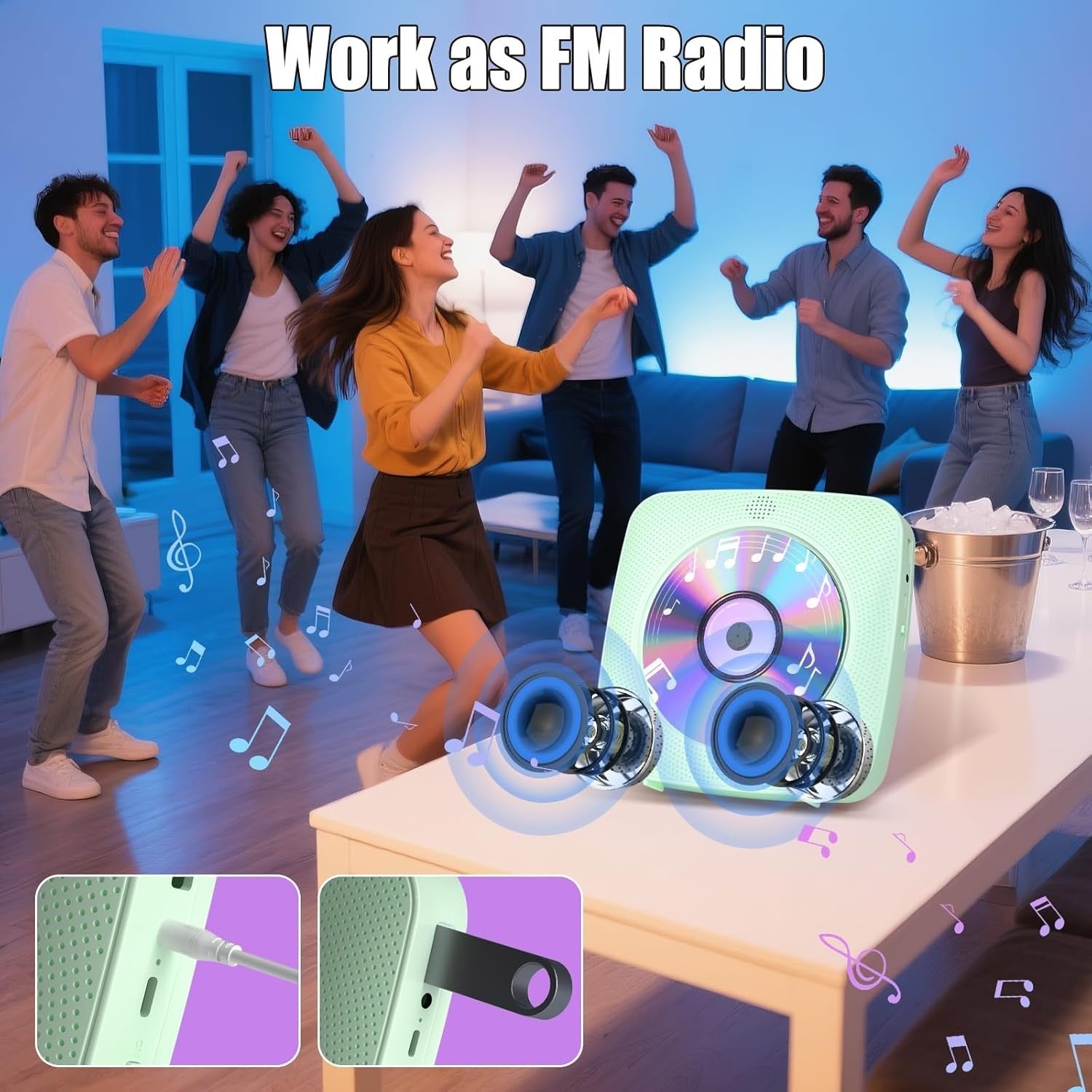 Desktop CD Player Bluetooth Speakers FM Radio USB AUX Remote Green