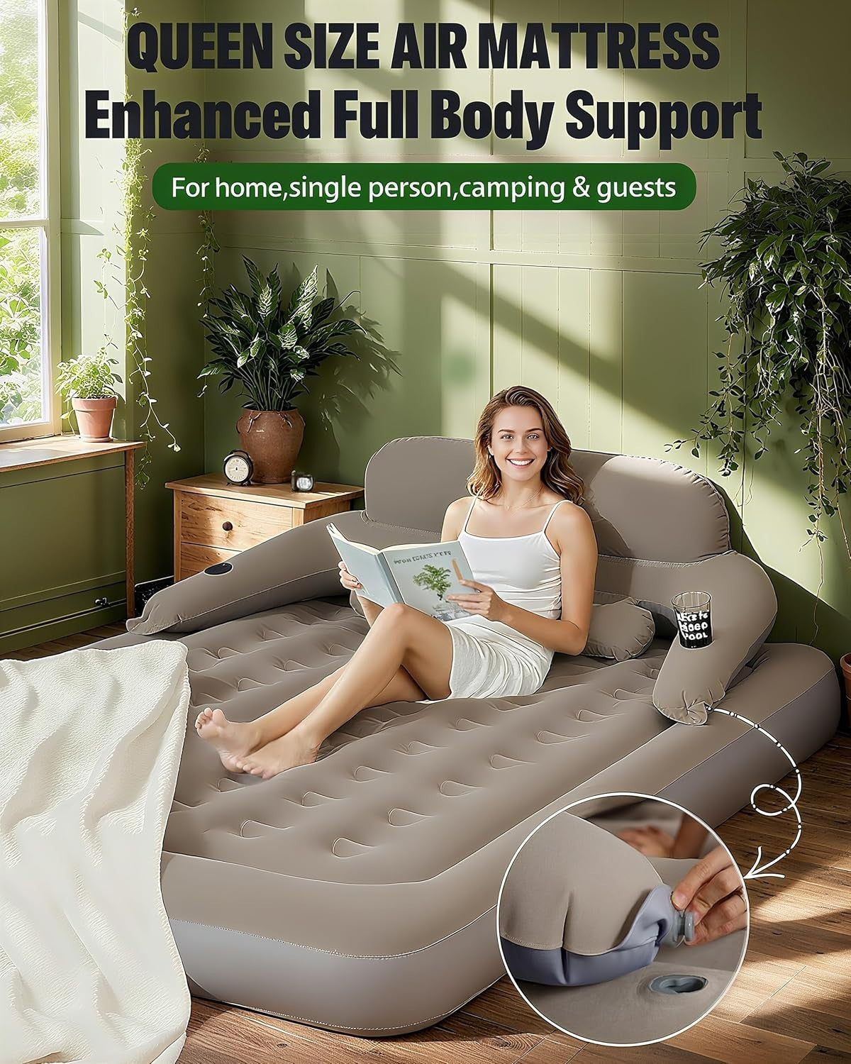 King Air Mattress Built In Headboard Fast Inflate Portable Camping Guest Bed