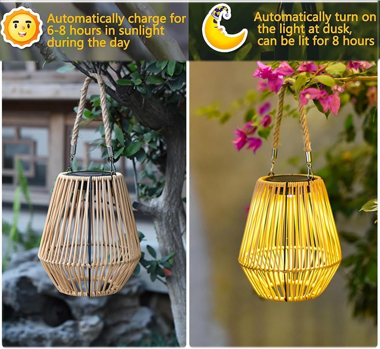 Japanese Hanging Solar Lantern – Rattan Outdoor Garden Light (Size K)