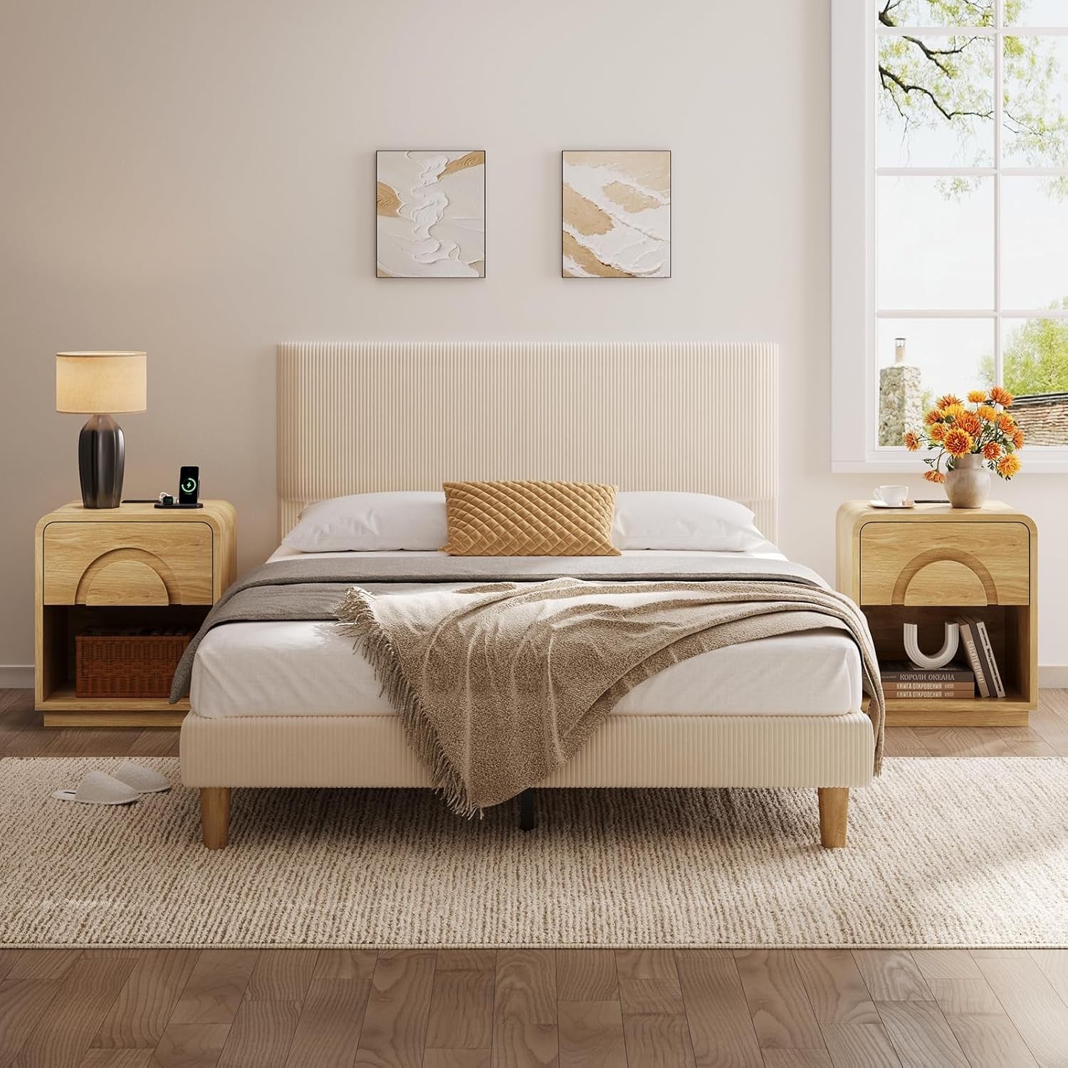 Modern Curved Bedside Table with Charging Station & Drawer Storage – Natural Woo