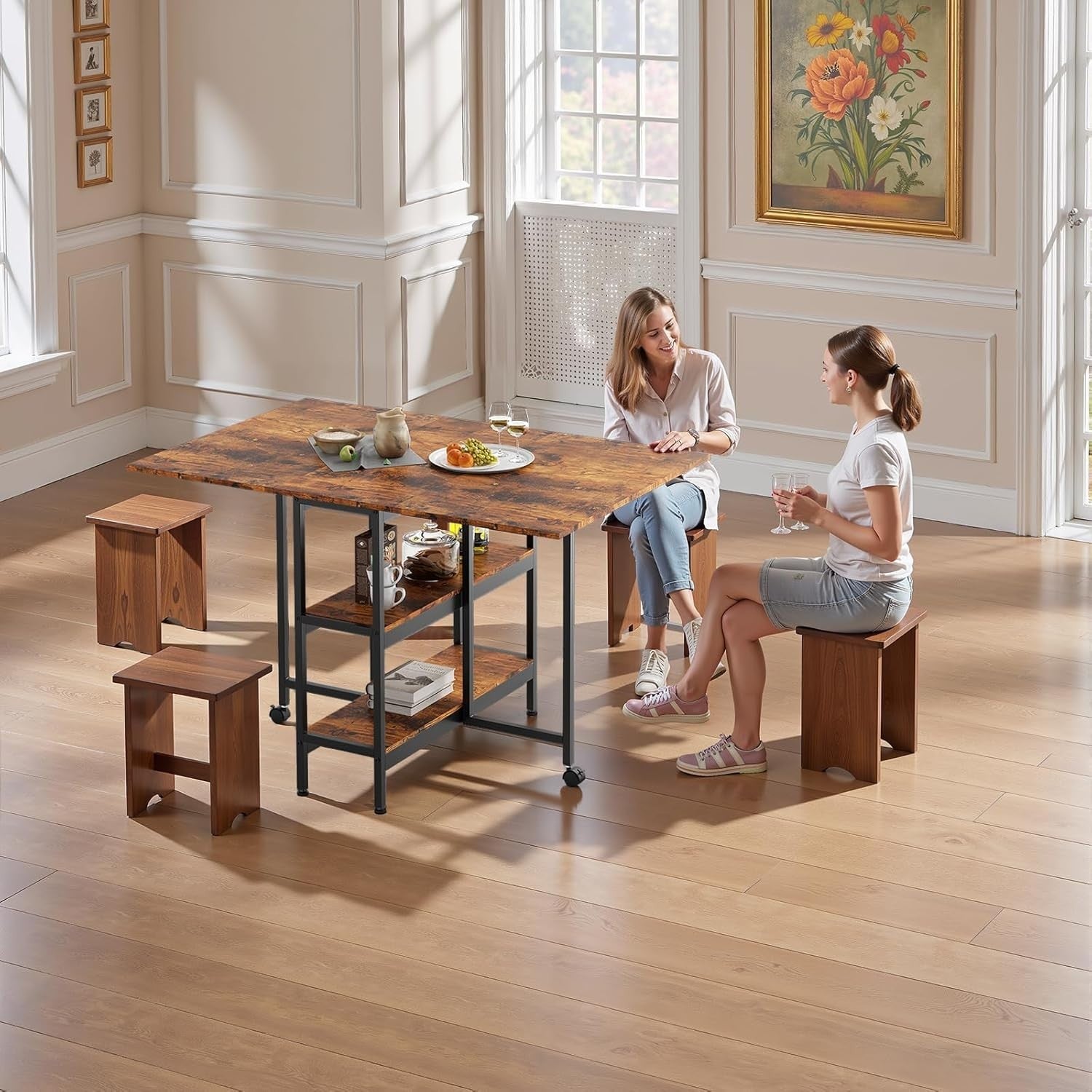 Foldable Space Saving Dining Table with Storage Shelves & Locking Wheels