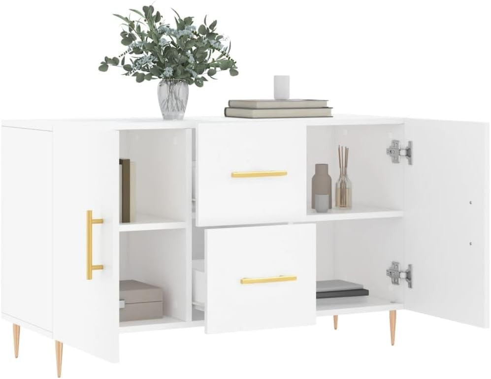 White Sideboard Cabinet Storage Drawers Modern Metal Legs 100cm Wide
