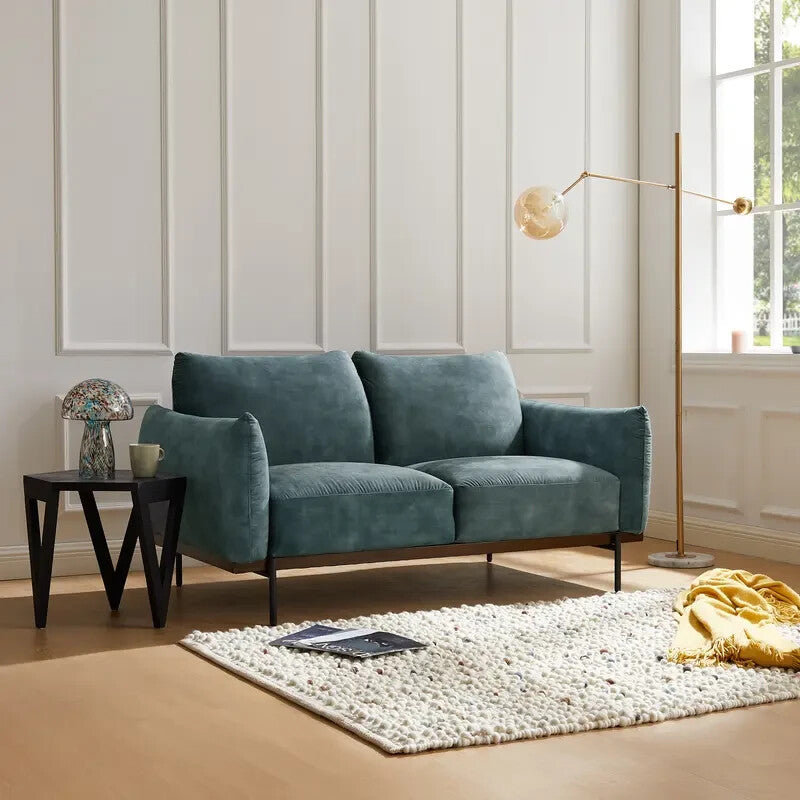 Velvet 2 Seater Sofa Petrol Blue | Compact Modern Couch UK | Metal Legs