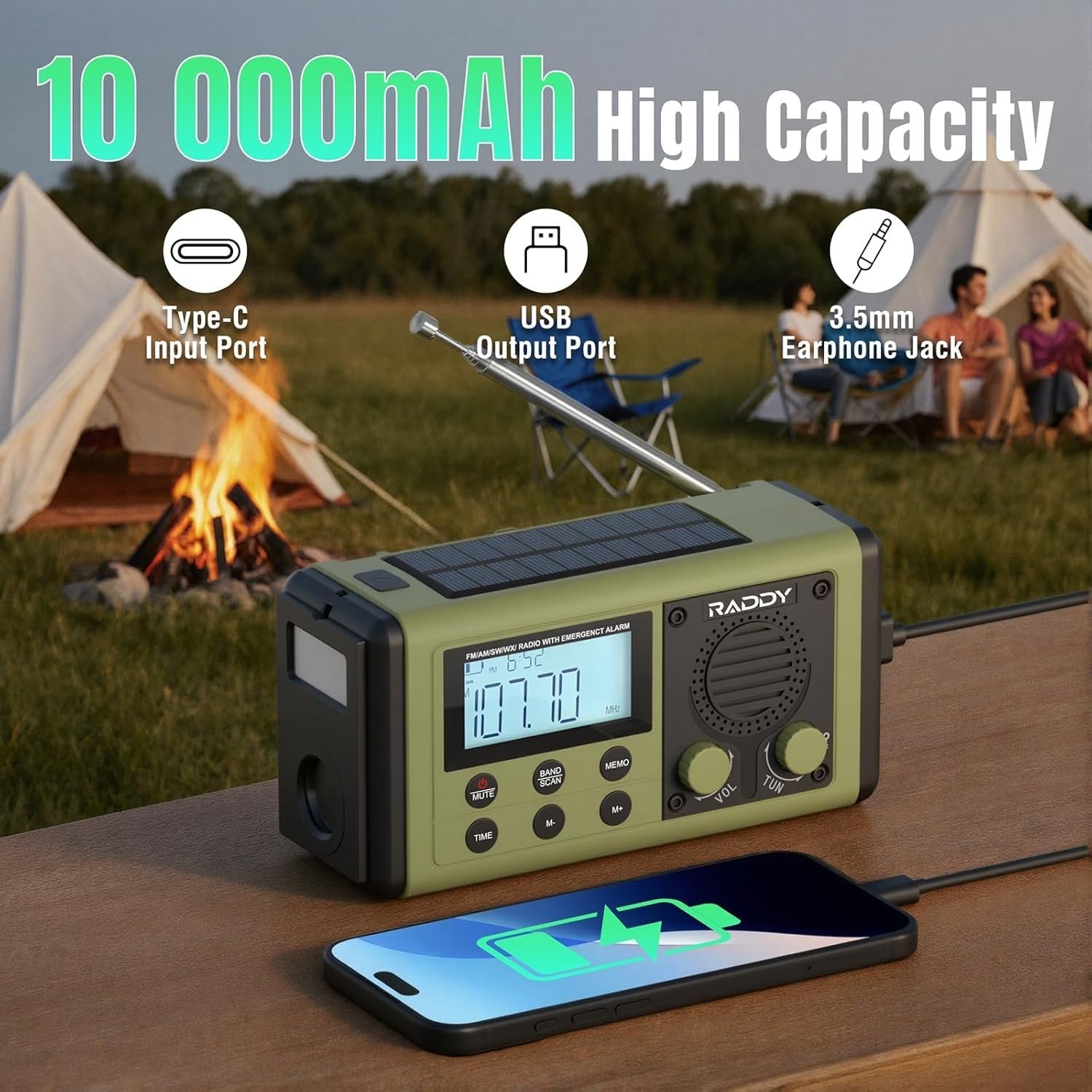 10,000mAh Emergency Hand Crank Radio Solar USB Flashlight Compass