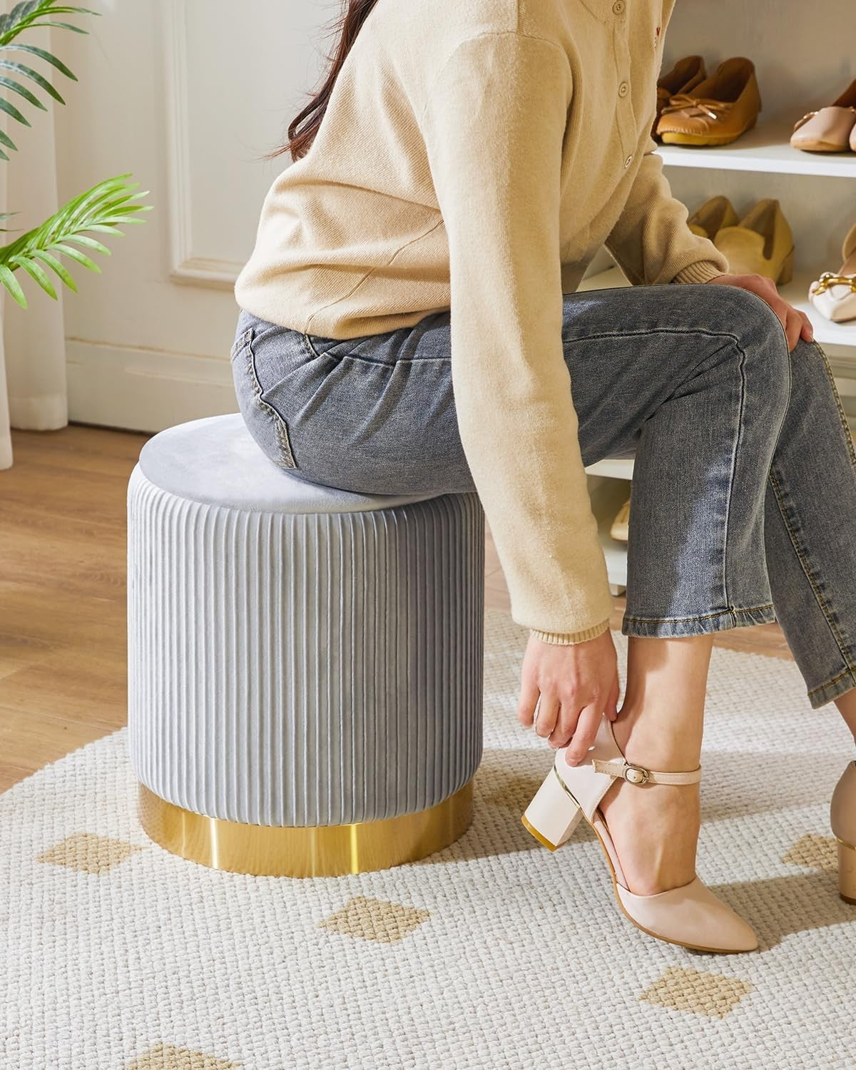 Set of 2 Gray Storage Ottomans – Round Boucle Velvet Stools with Lids