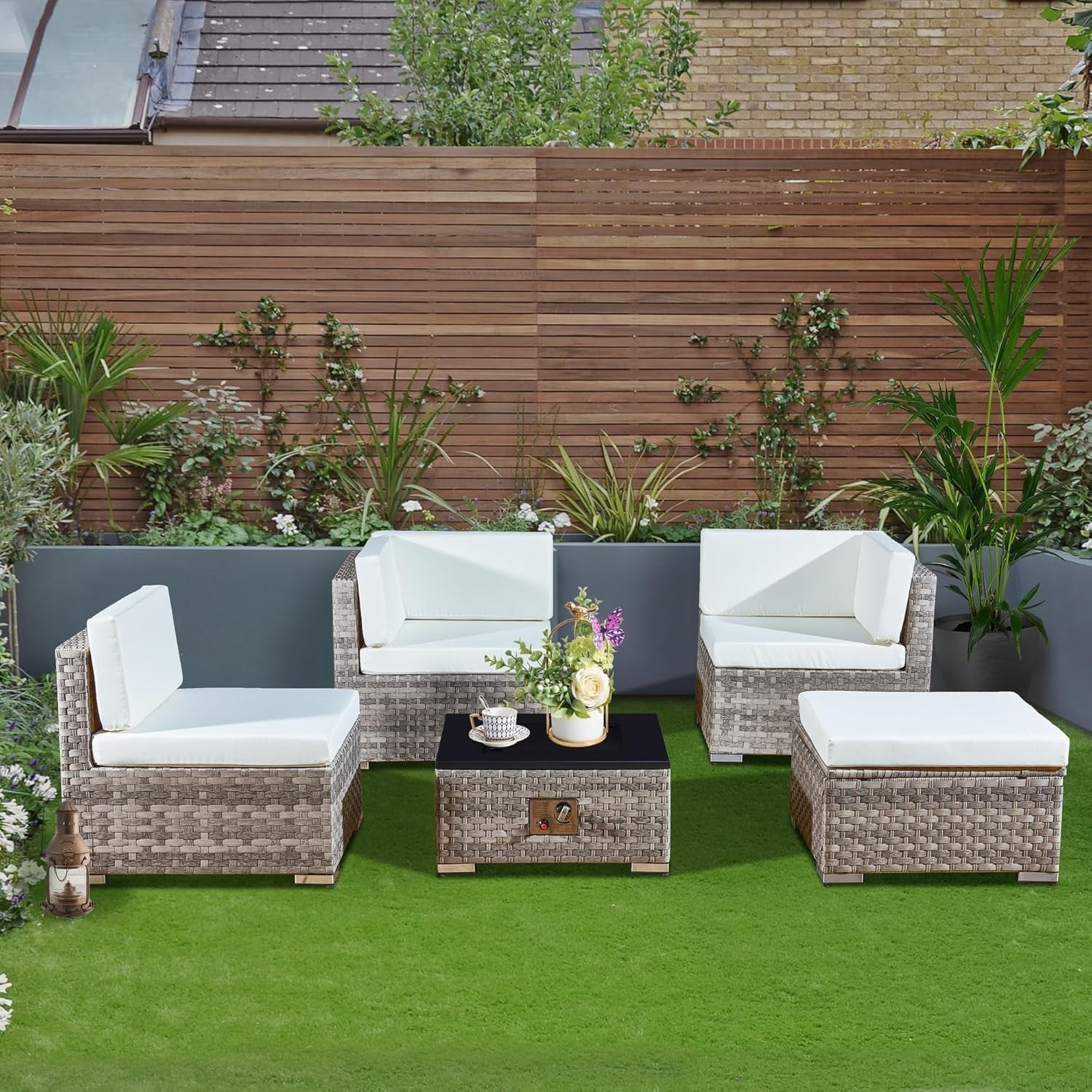 Outdoor Rattan Garden Sofa Set 4-Seater L-Shape Patio with Cushions & Table