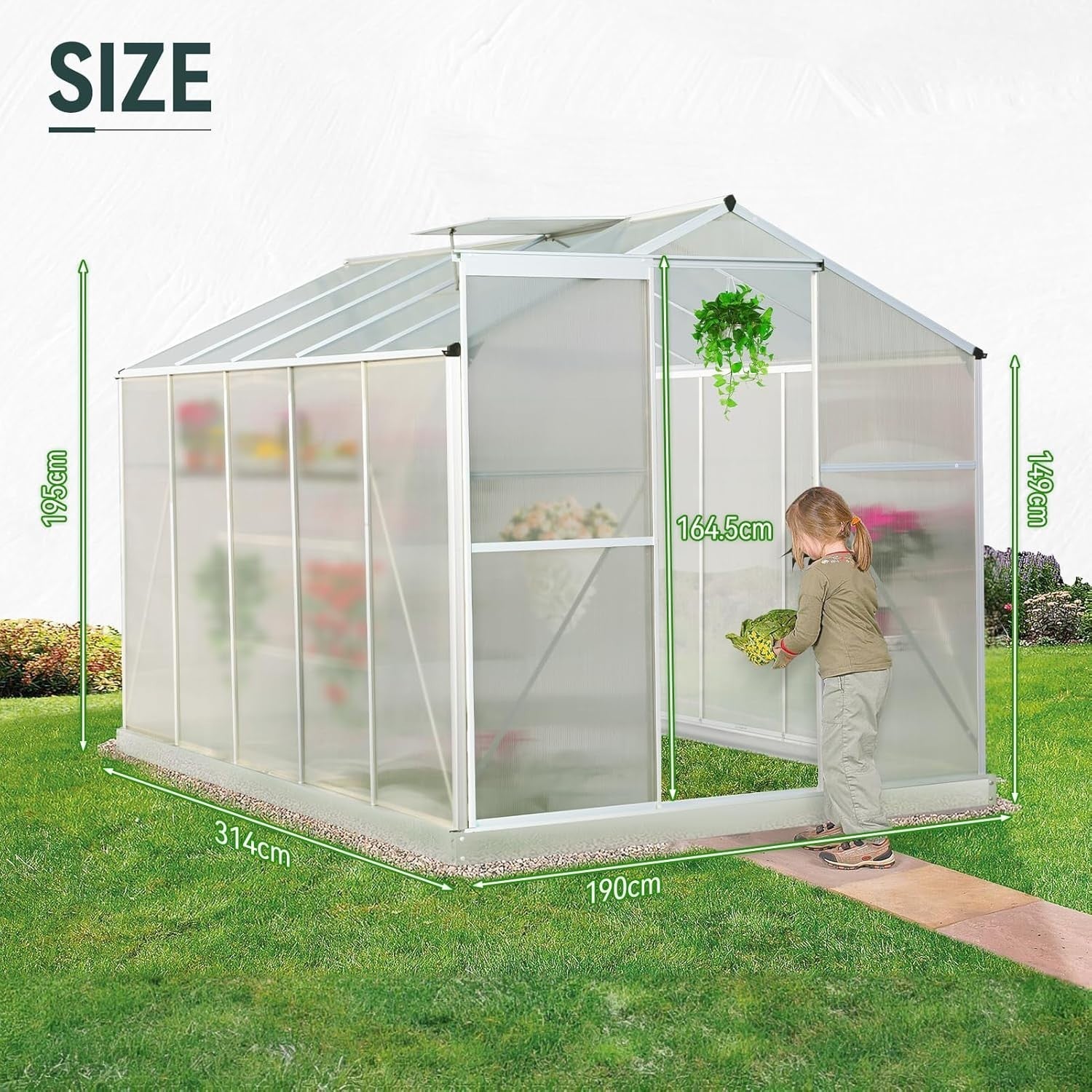 10x6FT Walk-In Polycarbonate Greenhouse with Base – Aluminium Frame
