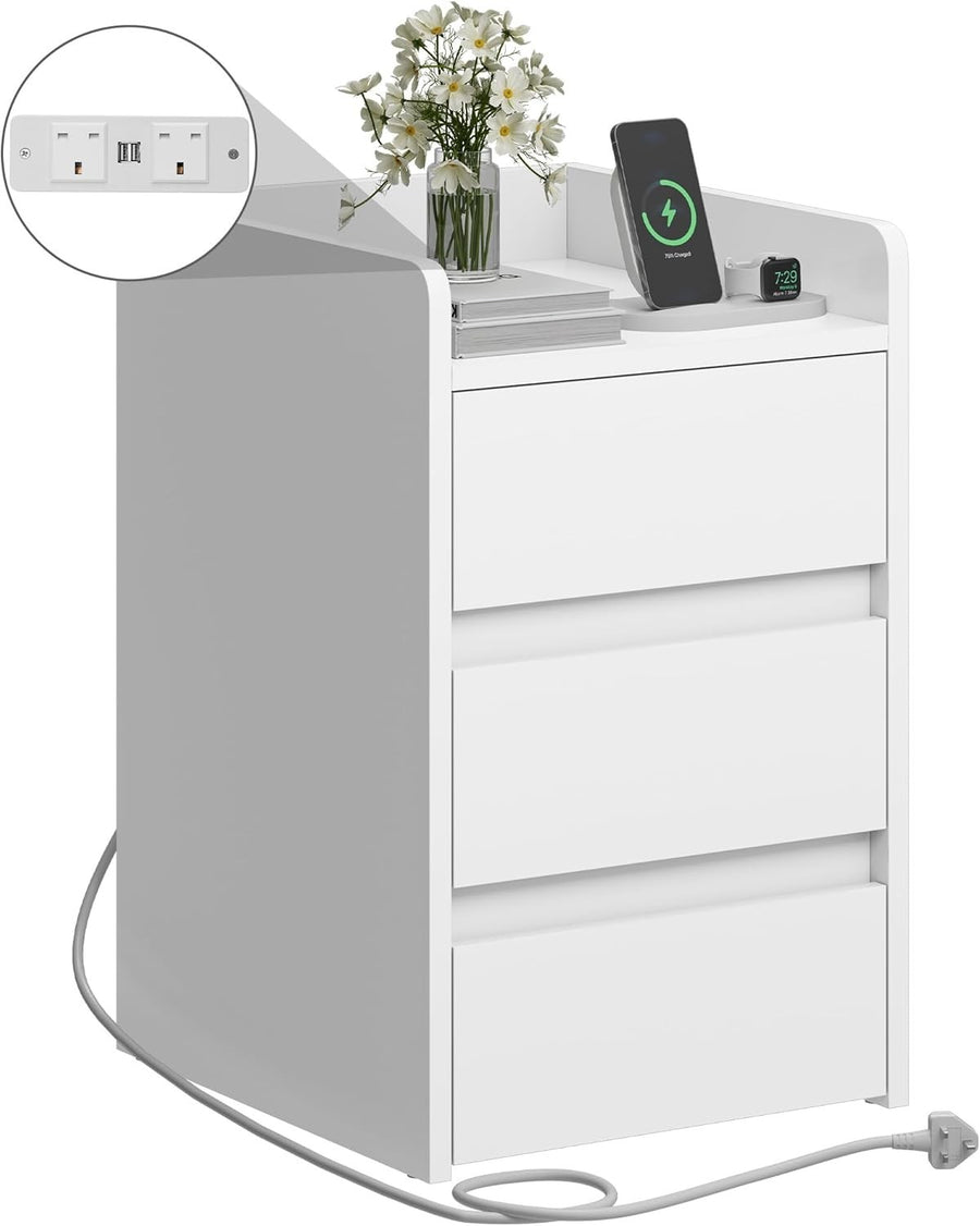 White 3 Drawer Bedside Table – Modern Minimalist Nightstand with USB Ports