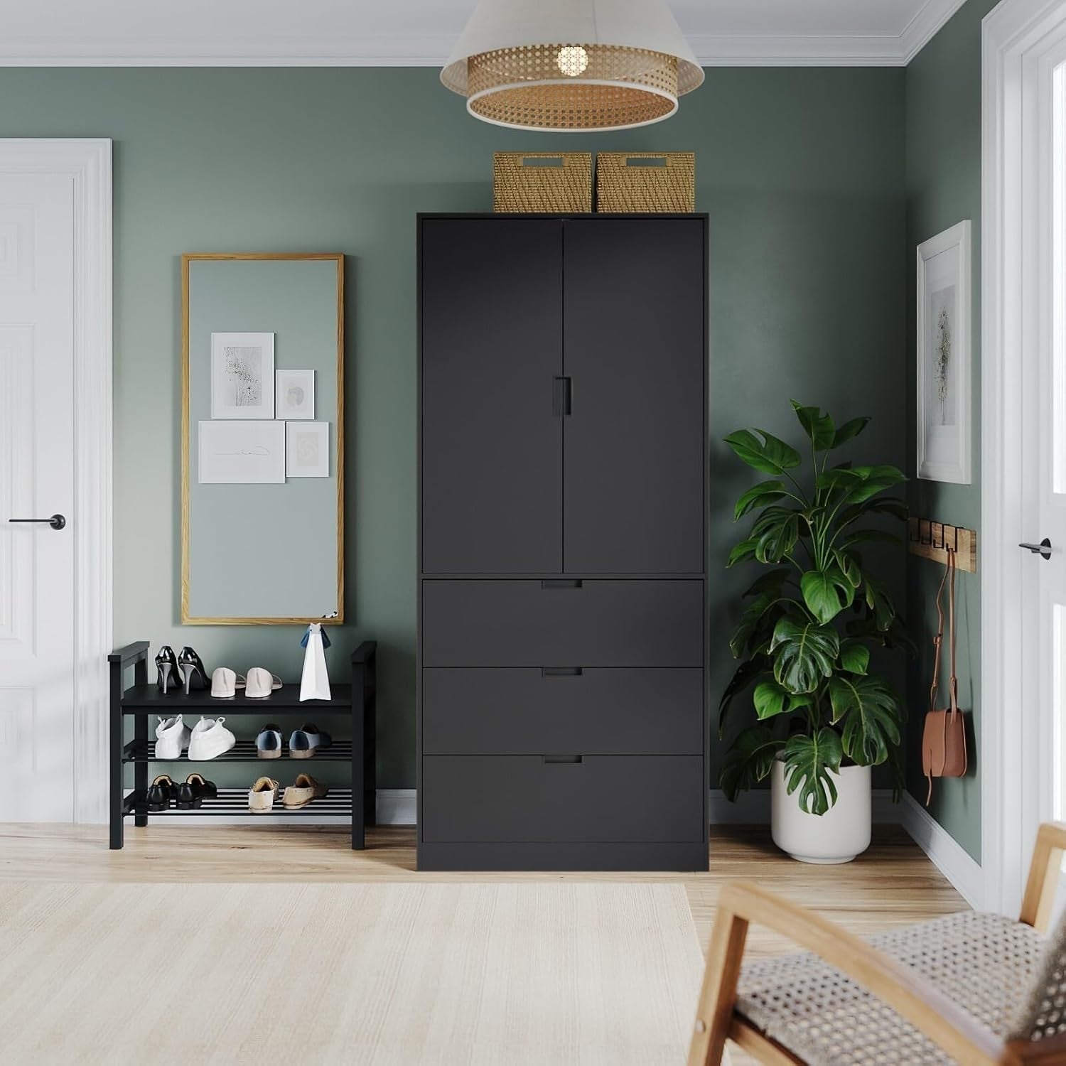 Modern Black Wardrobe 2 Door 3 Drawer Hanging Rail Storage Unit 180cm