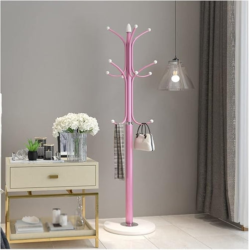Modern Pink Metal Coat Rack Stand | Freestanding Hall Tree with Hooks & Base