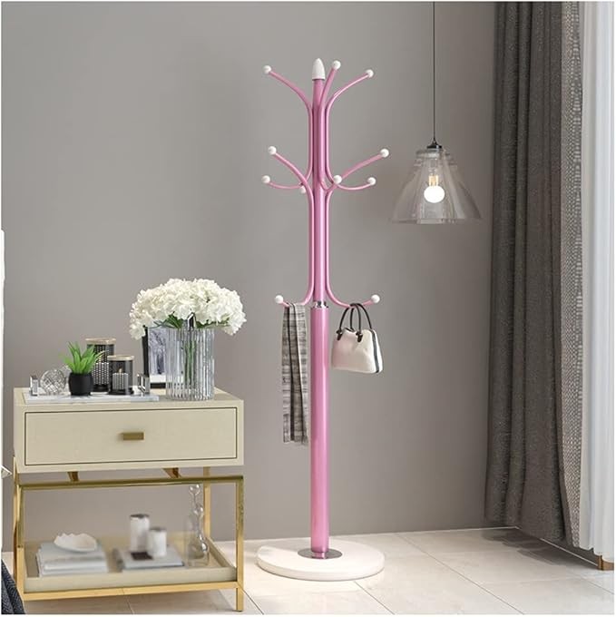 Modern Pink Metal Coat Rack Stand | Freestanding Hall Tree with Hooks & Base