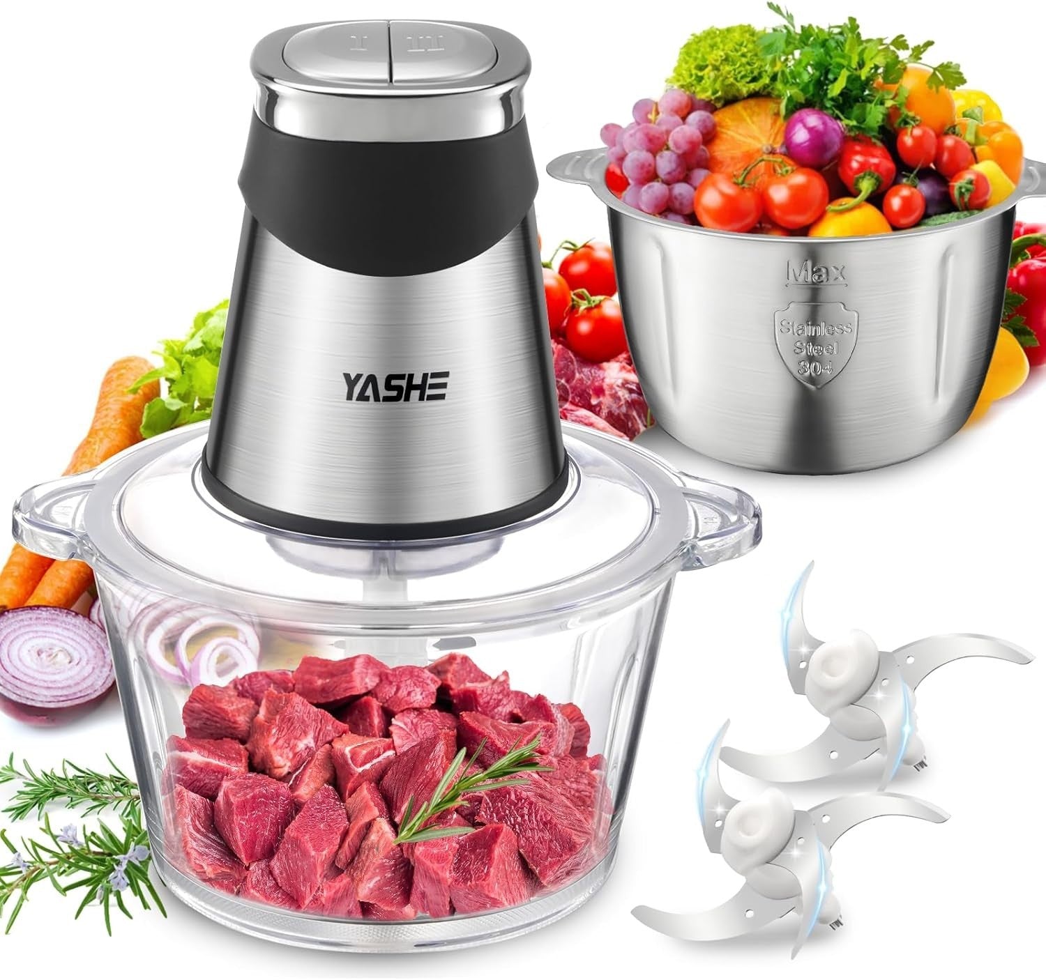500W Food Processor Chopper 1.8L Glass 2L Steel Bowl Dual Blade